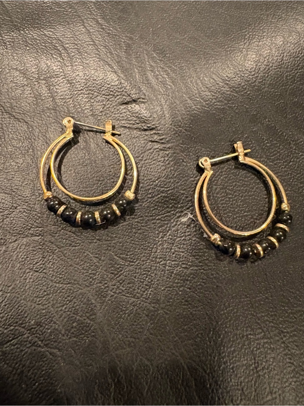 Gold Hoop Earrings with Black Bead Accents - Women's Jewelry